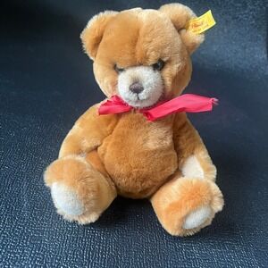 Steiff Petsy Teddy Bear 012051 Golden Brown Plush Red Ribbon Made in Germany 11"